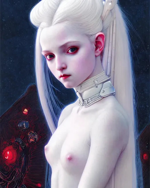 Image similar to portrait of beautiful cute young goth maiden girl with white hair in warhammer armor, red lighting, art by ( ( ( kuvshinov ilya ) ) ) and wayne barlowe and gustav klimt and artgerm and wlop and william - adolphe bouguereau