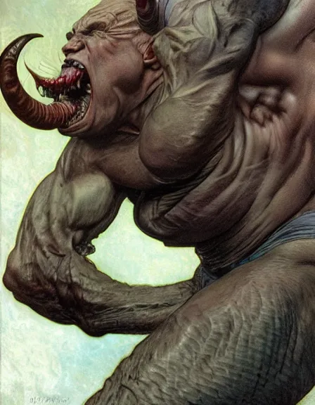 Prompt: Mid-shot of a hunky, muscular grey-skinned demon with an inhuman alien face and curving oil-slick horns drawn by Donato Giancola and Jon Foster, frank frazetta, alphonse mucha, background by James Jean and gustav klimt, 4k, volumetric lighting, french nouveau, trending on artstation, hyperrealistic