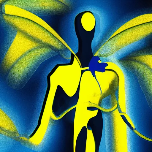 Image similar to human man that resembles a wasp morh in surreal sketch style, blue and yellow gradient, noise, ultrafine detail, hd 8k, logo illustration