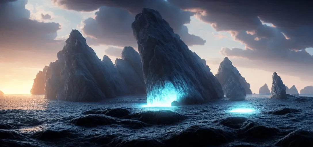 Image similar to octane render uhd, 8 k art photography, filmic lighting, cinematic art shot, hyperrealistic, hyperdetailed, super detailed, 8 k, high resolution, mysterious strangle glowing crystalline structure made of white rocks in the far distance, 8 k uhd matte painting by ross tran and ivan aivazovsky, black water, midnight