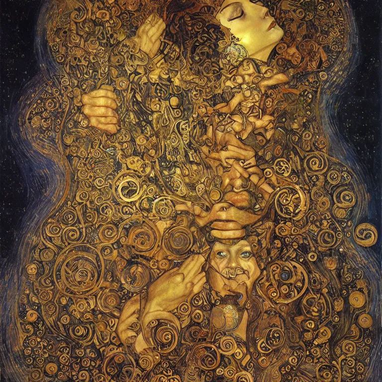 Image similar to Divine Chaos Engine portrait by Karol Bak, Jean Deville, Gustav Klimt, and Vincent Van Gogh, sacred geometry, visionary, mystic, fractal structures, ornate gilded medieval icon, spirals