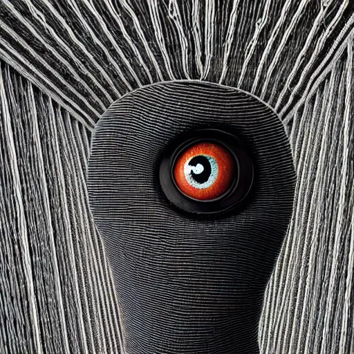 Prompt: portrait photo of a wool sock with giant eyes, face made from thick cyberpunk wires, extremely high details, realistic, by MC Escher and Rene Margitte and victor enrich