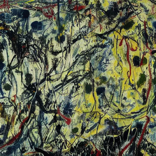 Prompt: painting of a lush natural scene on an alien planet by jackson pollock. beautiful landscape. weird vegetation. cliffs and water.