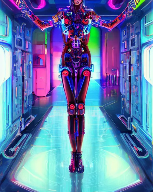 Prompt: colorful full body portrait of a cybernetic hippie, set in the future 2 1 5 0 | highly detailed | very intricate | symmetrical | professional model | cinematic lighting | award - winning | painted by mandy jurgens and ross tran | pan futurism, dystopian, bold psychedelic colors, cyberpunk, groovy vibe, anime aesthestic | featured on artstation