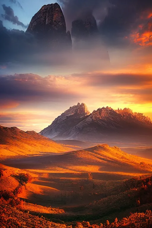 Prompt: a landscape in italy by marc adamus, sunset light