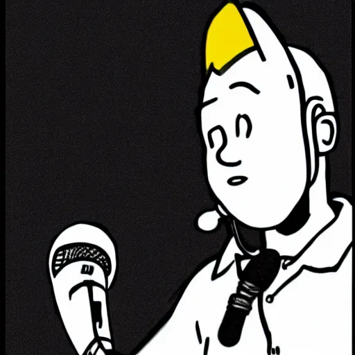 Image similar to tintin with headphones and big microphone on arm, in the style of moebius