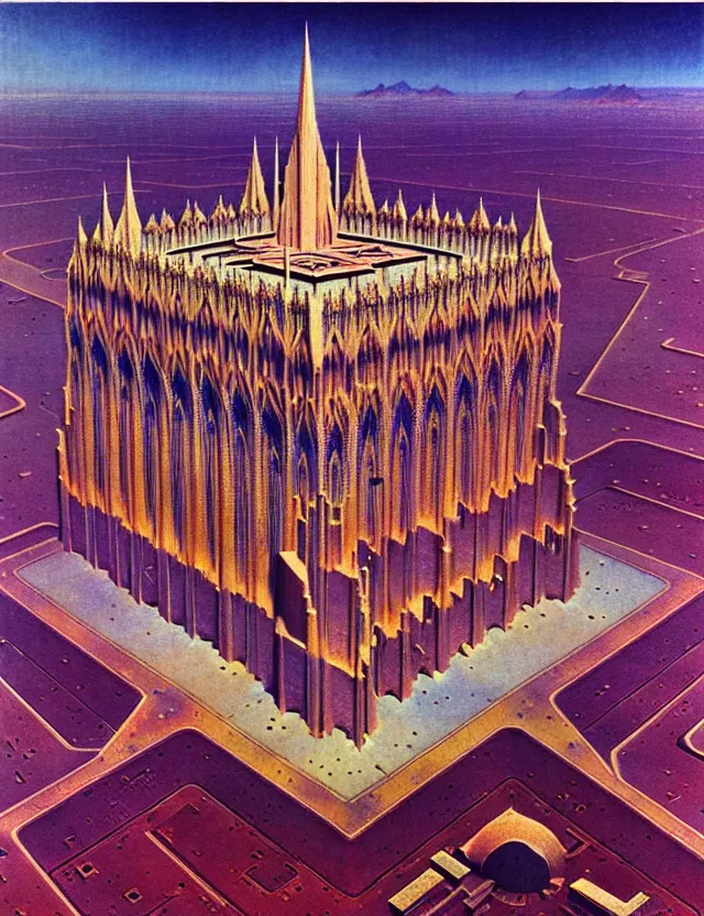 Image similar to bird eye view of a giant immense squared crematorium gothic architecture advanced technology scifi architectural structure desert planet, bruce pennington,