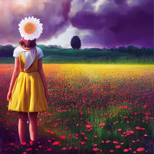 Image similar to full body daisy flower head girl standing in a flower field, her head is hidden behind the huge daisy flower,. surreal photography, sunrise, dramatic light, impressionist painting, colorful clouds, digital painting, artstation, simon stalenhag