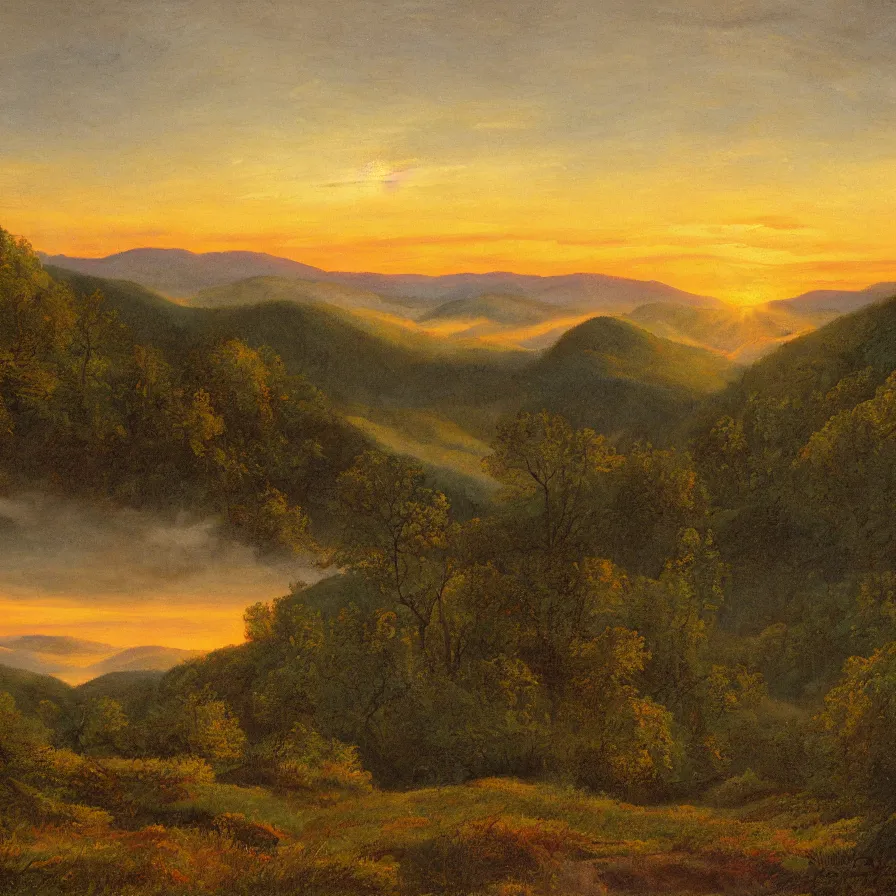 Prompt: appalachians sunrise, by vincent van oggh