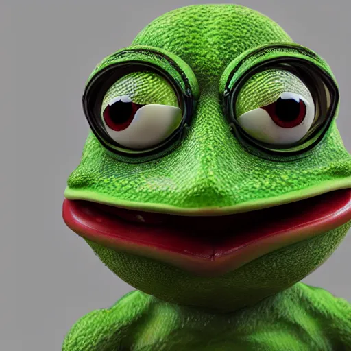 Image similar to a sadge - sad - pepe - the - frog, looking more depressed than usual, quivering lips, fists in the air, sweat flying, cgi render, zbrush, octane, keyshot render