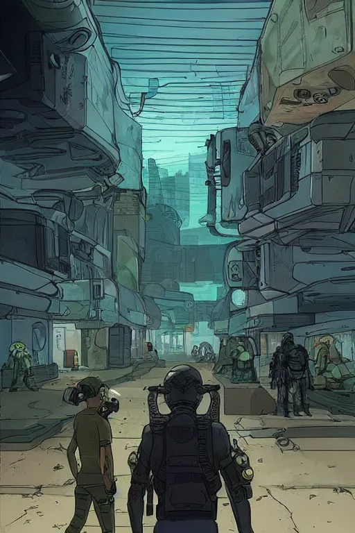 Image similar to Rick and morty. blackops mercenary in near future tactical gear, stealth suit, and cyberpunk headset. Blade Runner 2049. concept art by James Gurney and Mœbius.