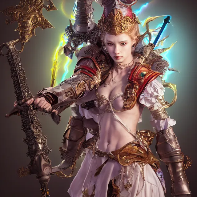 Image similar to studio portrait of lawful good colorful female holy knight paladin as absurdly beautiful, elegant, young sensual gravure idol, ultrafine hyperrealistic detailed face illustration by kim jung gi, irakli nadar, intricate linework, sharp focus, bright colors, matte, octopath traveler, final fantasy, unreal engine highly rendered, global illumination, radiant light, intricate environment