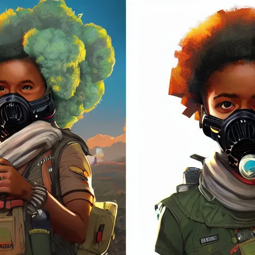 Prompt: a young black girl with afro puffs wearing a gas mask, Apex Legends character, digital illustration portrait design, by android jones and greg rutkowski, retrowave color scheme, detailed, cinematic lighting, wide angle action dynamic portrait