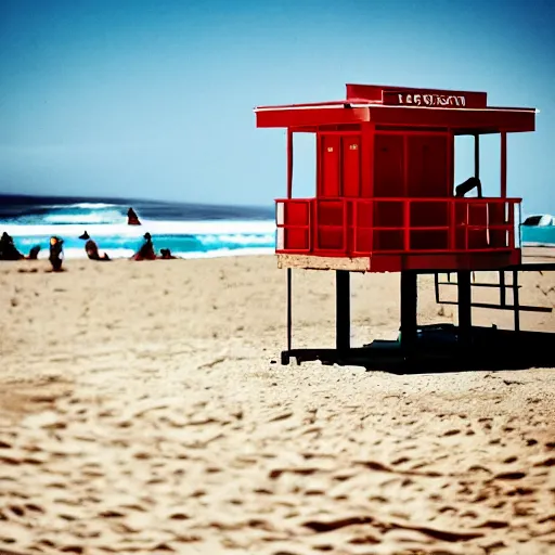 Prompt: detailed photo of a man sleeping in the shade of a lifeguard tower on Bondi beach