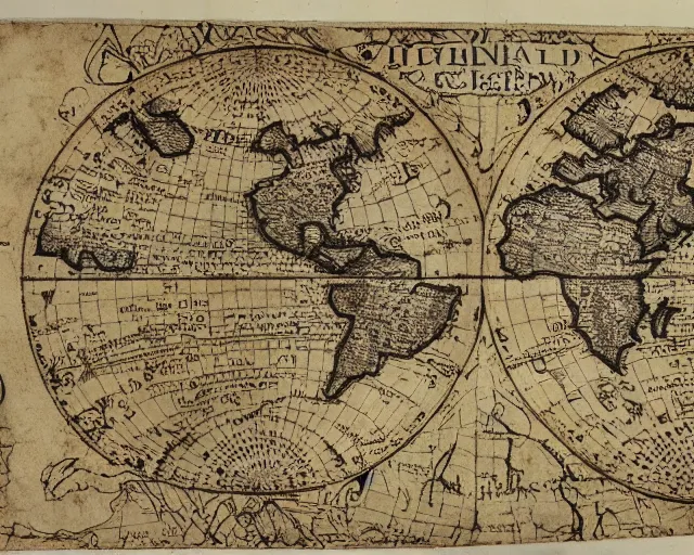 Prompt: highly detailed ancient map of the world, flat earth model, beautiful caligraphy and notations, beautiful detailed illustrations, ancient lost artefacts, 3 5 mm film photo