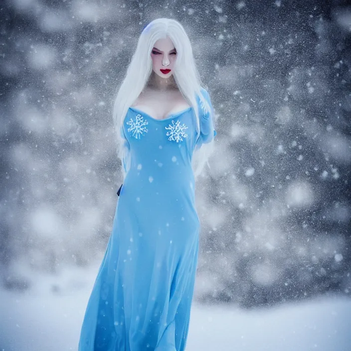 Prompt: full body portrait of a stunningly beautiful woman with pale blue hair wearing a long white dress made out of snowflake in the middle of a heavy snowstorm. she looks almost dead because of how pale she is. by maromi sagi
