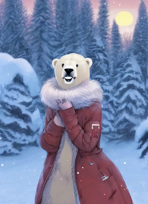 Image similar to character portrait of a female anthro polar bear fursona and a cute beautiful attractive detailed furry face wearing stylish cute winter clothes in a cozy winter cabin at dusk by firelight. hidari, color page, tankoban, 4K, tone mapping, Akihiko Yoshida.