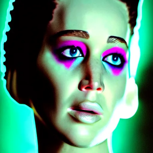 Prompt: close up detail of the face of jennifer lawrence as the bride of frankenstein, macro photography, glowing retinas, vaporwave