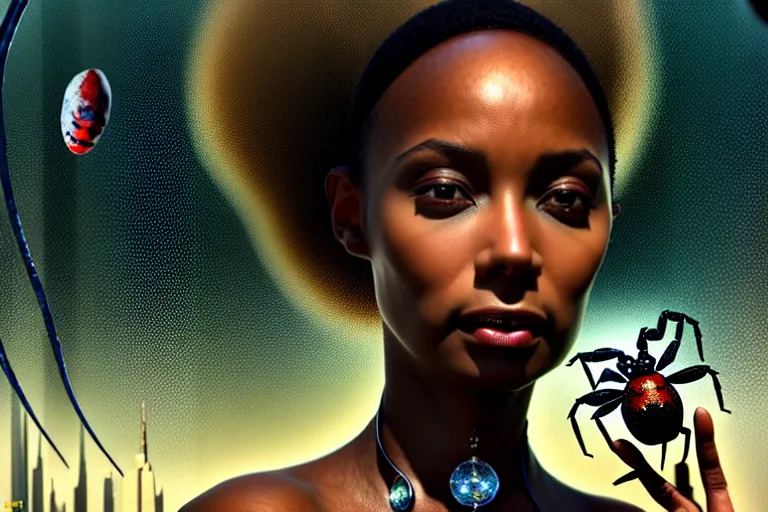 Prompt: realistic detailed photorealistic closeup portrait movie shot of a beautiful black woman with a giant spider, sci fi city landscape background by denis villeneuve, amano, yves tanguy, alphonse mucha, ernst haeckel, david lynch, edward robert hughes, roger dean, cyber necklace, dynamic pose, rich moody colours, wide angle