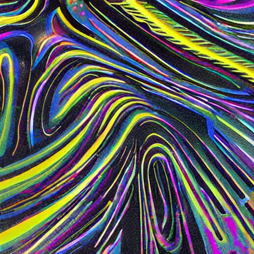 Prompt: render of Neon geometric cubism city street milkyway in metallic light trail light saber galaxies by Okuda San Miguel and kandinsky on a starry black canvas, galaxy gas brushstrokes, metallic flecked paint, metallic flecks, glittering metal paint, metallic paint, glossy flecks of iridescence, glow in the dark, Uv, blacklight, Uv blacklight, colorful, 8k, 4k, brush strokes, painting, highly detailed, iridescent texture, brushed metal