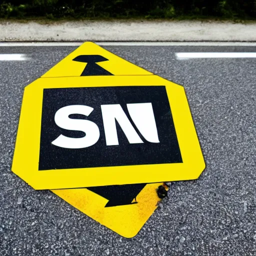 Image similar to a yellow road sign with a warning symbol on the street