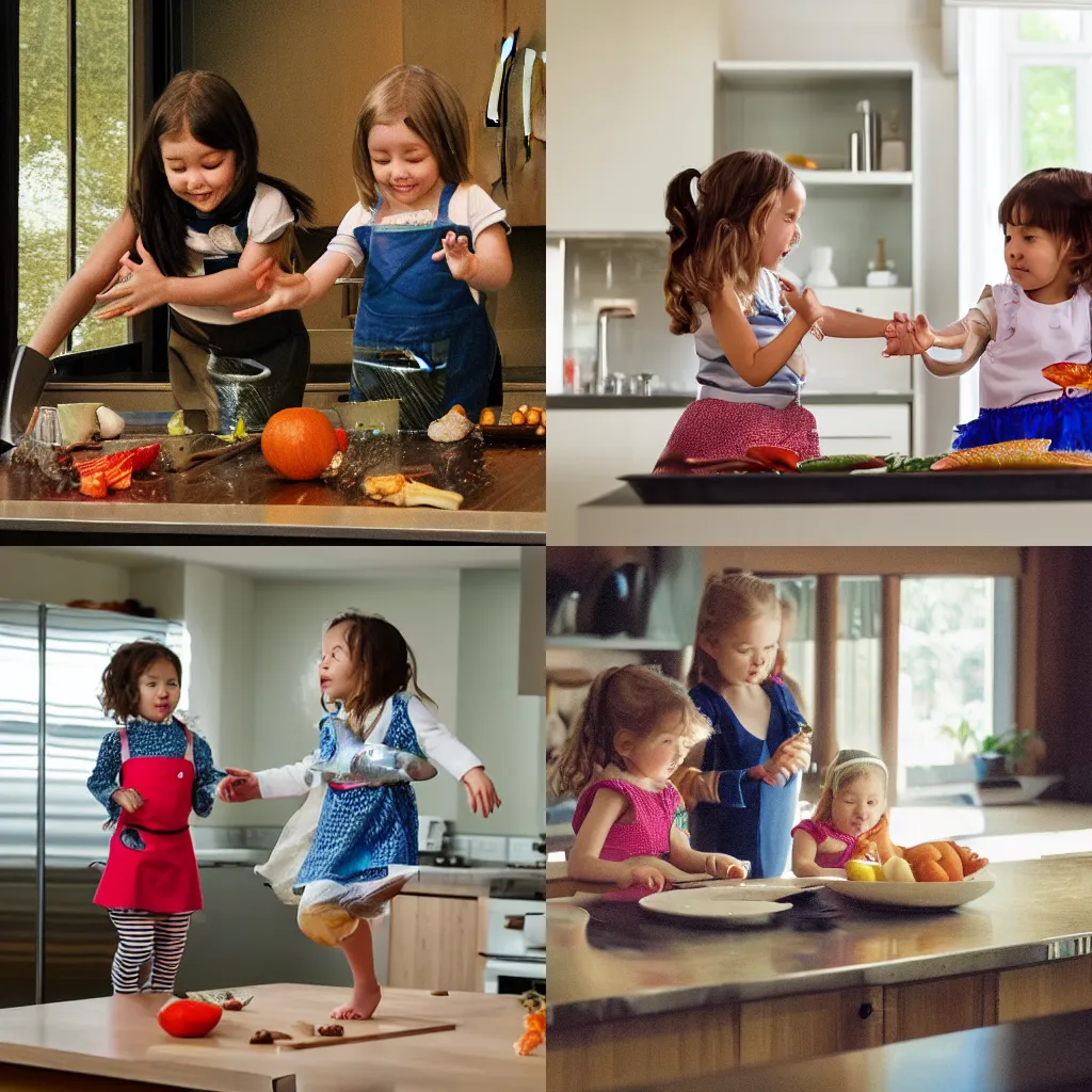 Prompt: twin girls, fish and spin dance in the kitchen with a glass table, Bosch style