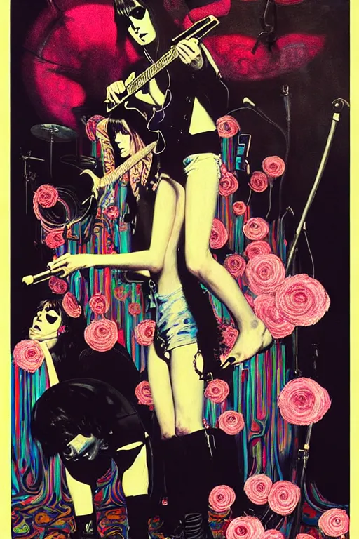 Prompt: the velvet underground and nico playing live on stage at a night club, beautiful stage decoration with flowers in the background, painting by james jean and norman rockwell, very detailed and colorful and toned down and ornamental and moody and cool and relaxed and high on drugs, trending on artstation, behance contest winner