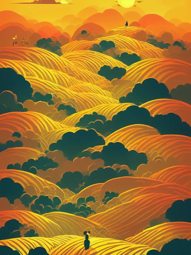 Prompt: a travel poster illustration depicting a golden terraced ricefield in vietnam at sunset with beautiful clouds, vintage style, detailed illustration, digital painting, vector art, trending on artstration, trending on behance, by anton fadeev, by alena aenami, by makato shinkai