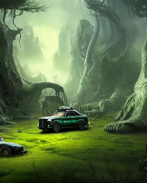 Image similar to xenomorph taxi car in a fantasy village, calming, uplifting mood, ultra realistic, farm, small buildings, highly detailed, atmosphere, masterpiece, epic lighting, elves, green plants, magic, illuminated, 4 k, cinematic, morning sun, art by eddie mendoza and sylvain sarrailh and jonathan berube