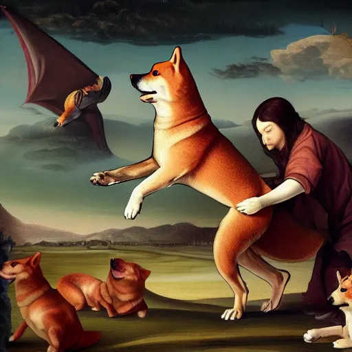 Image similar to a renaissance painting of a shiba inu and dragon hybrid, hd, artstation, 4 k wallpaper