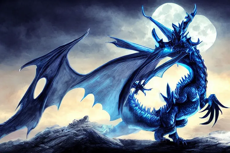 Image similar to an screaming blue and white dragon wearing armor, digital art, moonlight, blue mist, blue smoke,