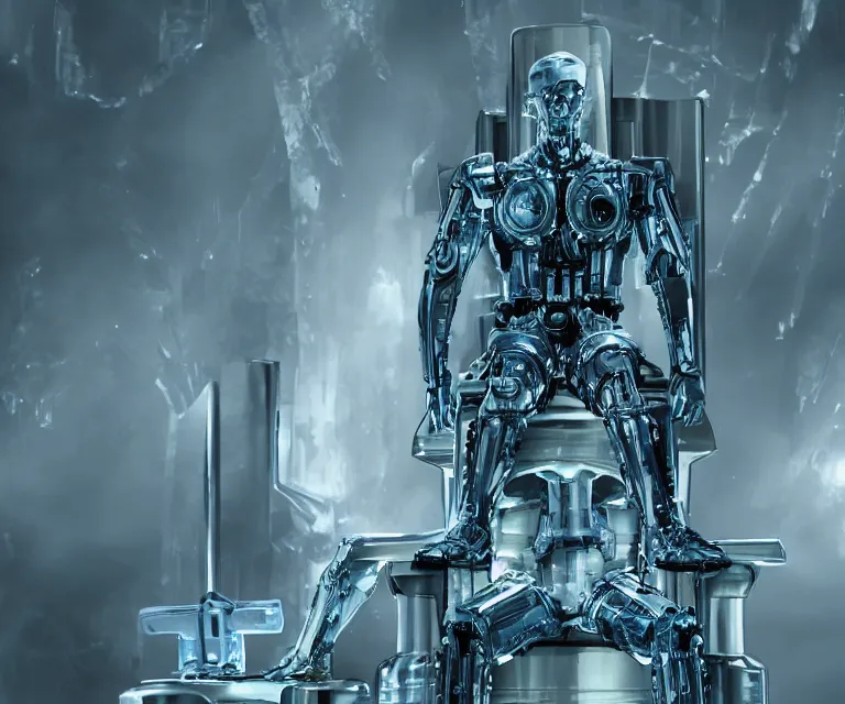 Prompt: translucent cyborg sitting on an aluminum throne, futuristic castle background, fantasy sci - fi, sharp lines, metallic, 2 0 0 mm focus