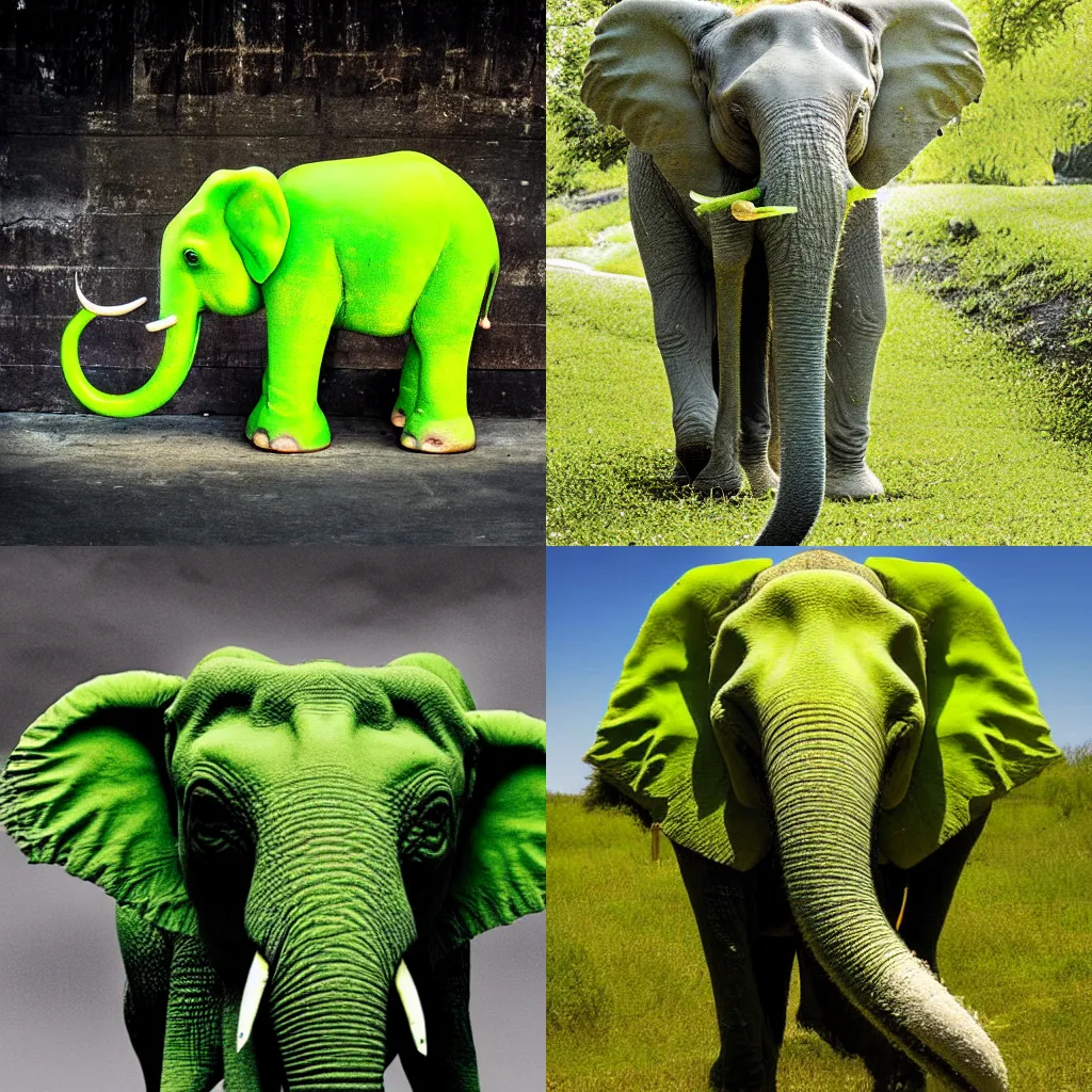 Prompt: a lime green elephant, award-winning photograph