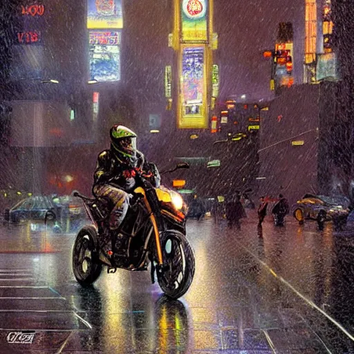 Image similar to futuristic drz 4 0 0 s time machine at night in the rain driving on the a city street by greg rutowski, by stanley artgerm, by alphonse mucha