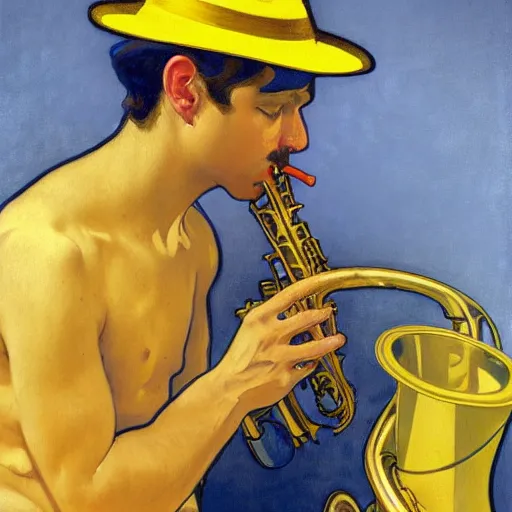 Prompt: man sitting in a yellow costume with a yellow hat holding a saxophone, smoking a cigarette, blue skin, blue smoke, dark background, realistic painting, artwork, meditative, alphonse mucha