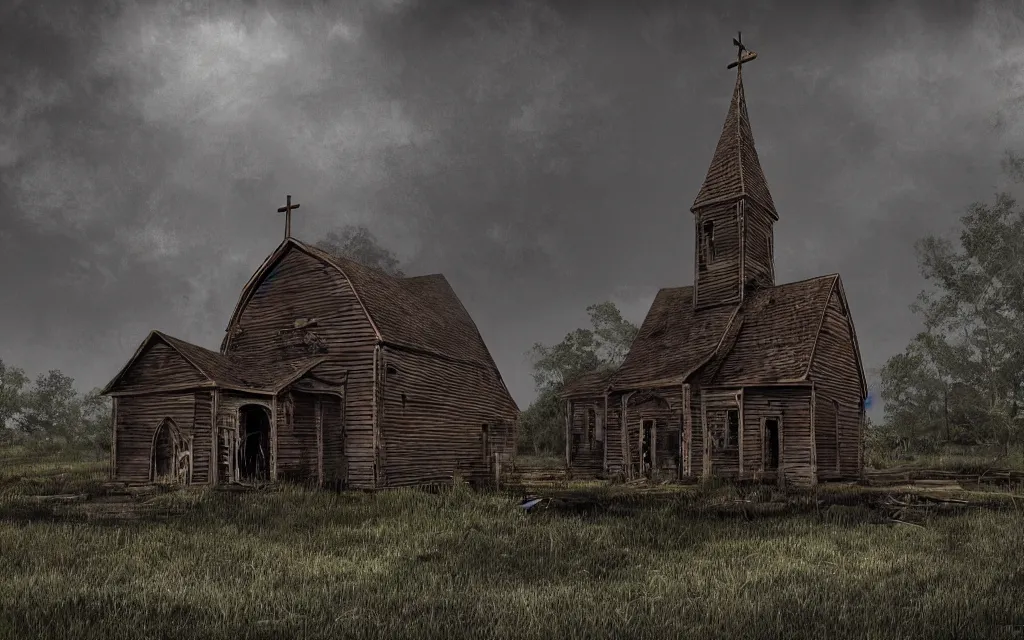 Image similar to a wooden church rotting away in the bayou, realistic, dynamic composition, dramatic lighting, ultra detailed