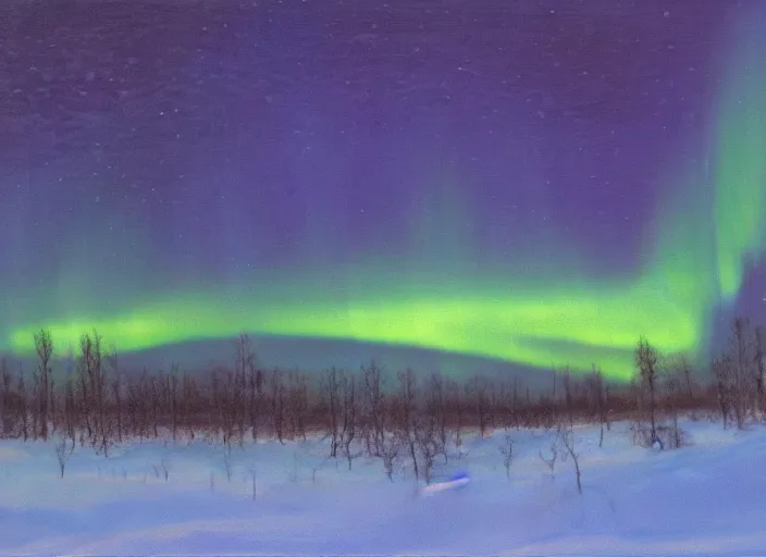 Prompt: aurora borealis above the snowed in fields and villages of lapland, finland in the style of hudson river school of art, oil on canvas