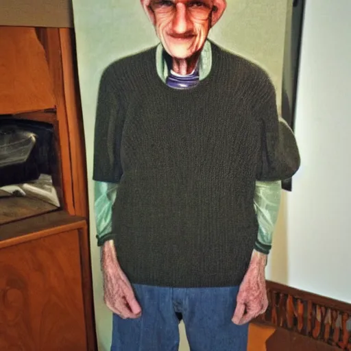 Image similar to A photograph of old Jerma985 in his eighties who looks like Jerma985 wearing a sweater in the 2010s, Jerma985, looks like Jerma985, taken in the late 2010s, taken on a 2010s Camera, realistic, hyperrealistic, very realistic, highly detailed, very detailed, extremely detailed, detailed, digital art, trending on artstation, headshot and bodyshot