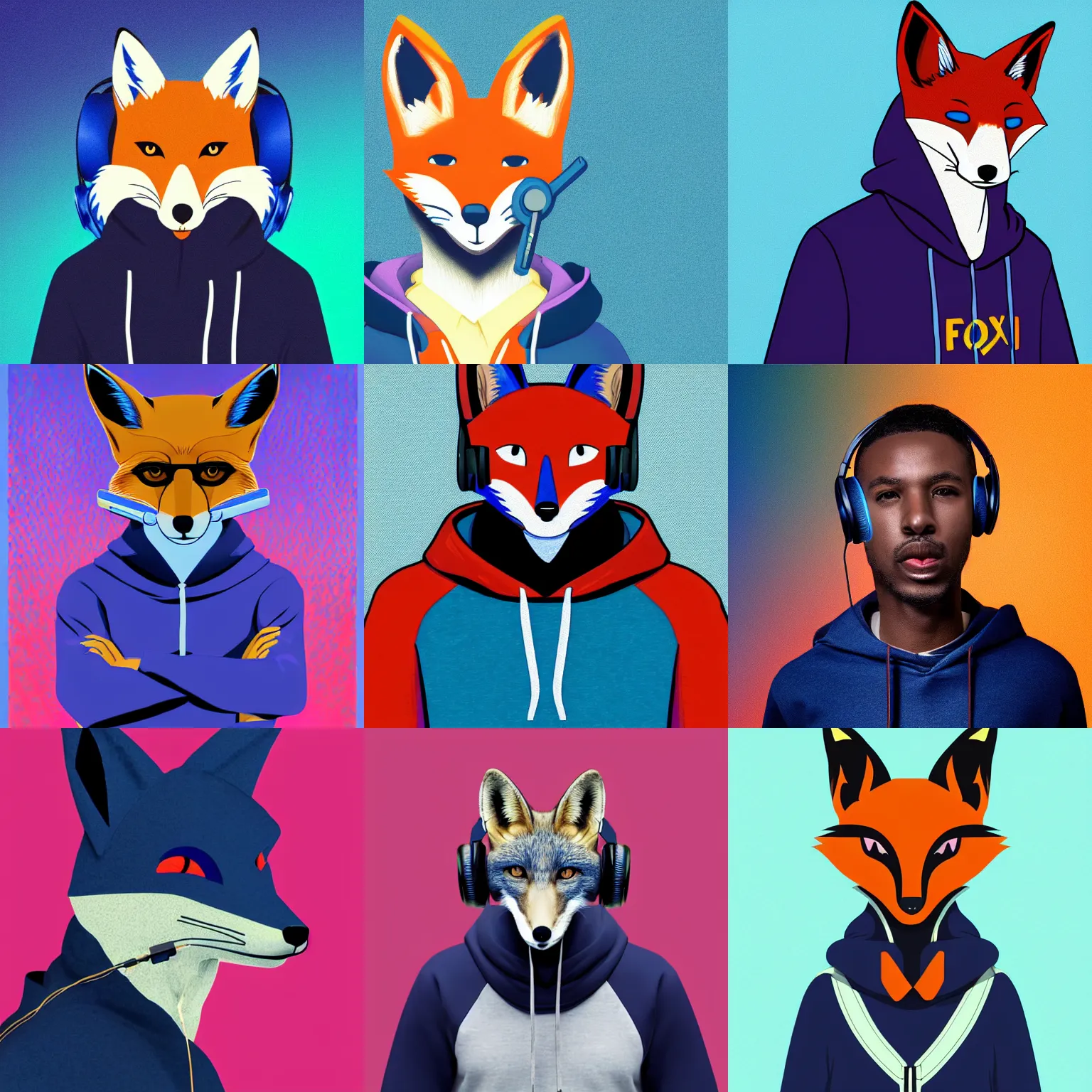 Prompt: portrait of a blue and black anthropomorphic male fox wearing a navy blue hoodie with headphones around his neck, synthwave background