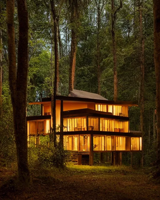 Image similar to an exquisite wooden house in the middle of a lush forest at night, minimalist design, architectural photography, dark and dim lighting, beautiful, tranquil, moody, cinematic, fantasy, 3 5 mm lens, volumetric lighting, first person view, photographic render, hyper realistic