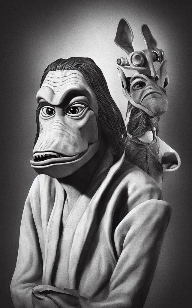 Image similar to “portrait of Jar Jar Binks as a detective, by Philippe Halsman, trending on artstation, detailed, black and white”