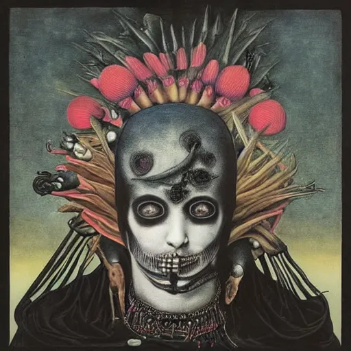 Image similar to post - punk new age album cover, asymmetrical design, yoga, relaxation, magic, apocalypse, psychedelic, black white pink, magic, giger h. r., giuseppe arcimboldo