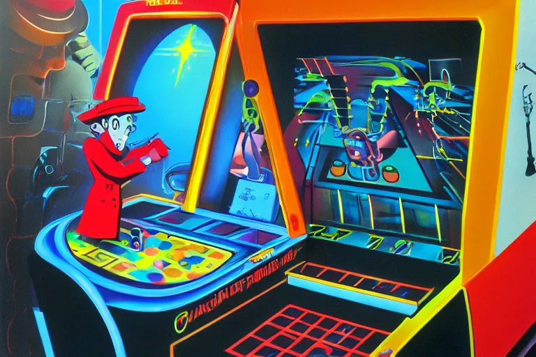 Prompt: charles cottet's 1 9 8 3 airbrush painting of inspector gadget playing ms pac man in an arcade
