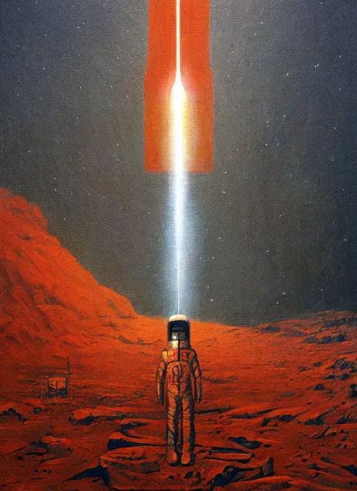 Image similar to A painting in a style of Beksinski of Mars. There is Elon Musk and a rocket. Very detailed, symmetry