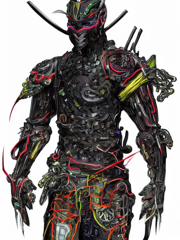 Image similar to full body front view portrait of natural, bio - mechanical ninja samurai, nature and cyber, character design, correct anatomy, concept art, digital illustration, ray tracing, ultra detailed, fantasy, neon lighting, intricate and highly detailed, coloured with lots of colour, pose, fantasy, sharp focus,