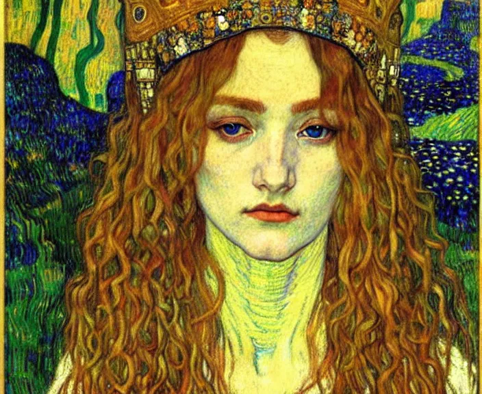 Image similar to detailed realistic beautiful young medieval queen face portrait by jean delville, gustav klimt and vincent van gogh, art nouveau, symbolist, visionary, gothic, pre - raphaelite, muted earthy colors, desaturated