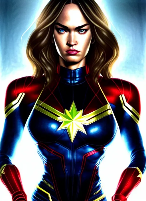 Prompt: symmetry!! gantz portrait of megan fox as captain marvel, unholy, intricate, highly detailed, dynamic lighting, digital art, digital painting, artstation, terence nielsen, sharp focus, illustration, art by artgerm and greg rutkowski and moebius, 8 k