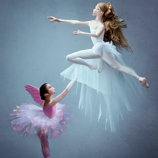 Prompt: an angel ballerina facing off against a demon ballerina