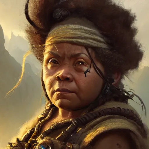 Prompt: masterpiece closeup portrait of a Dwarf woman with dark skin, wearing adventuring gear, by Greg Rutkowski, 4k, matte painting, dungeons and dragons, detailed