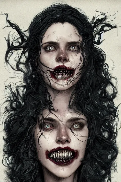 Image similar to yennefer of vengerberg in sleepy hollow, full body, big two toned eyes, teeth gritted, horror, intricate details, cinematic, epic, realistic, anatomy, tomer hanuka, uplight, artstation, photorealistic, scary